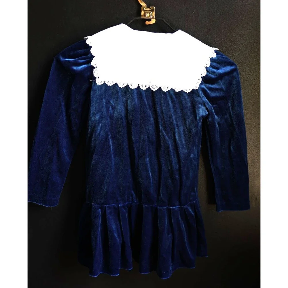 Vintage 80s 90s Royal Blue Velvet White Collar Girls Dress Victorian Style 7P